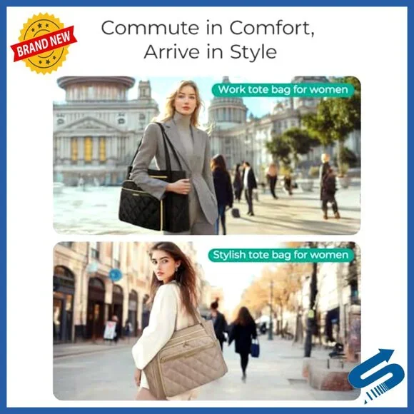 15.6in Quilted Laptop Tote with Insulated Pocket, Teacher Nurse Bag - Picture 4 of 6